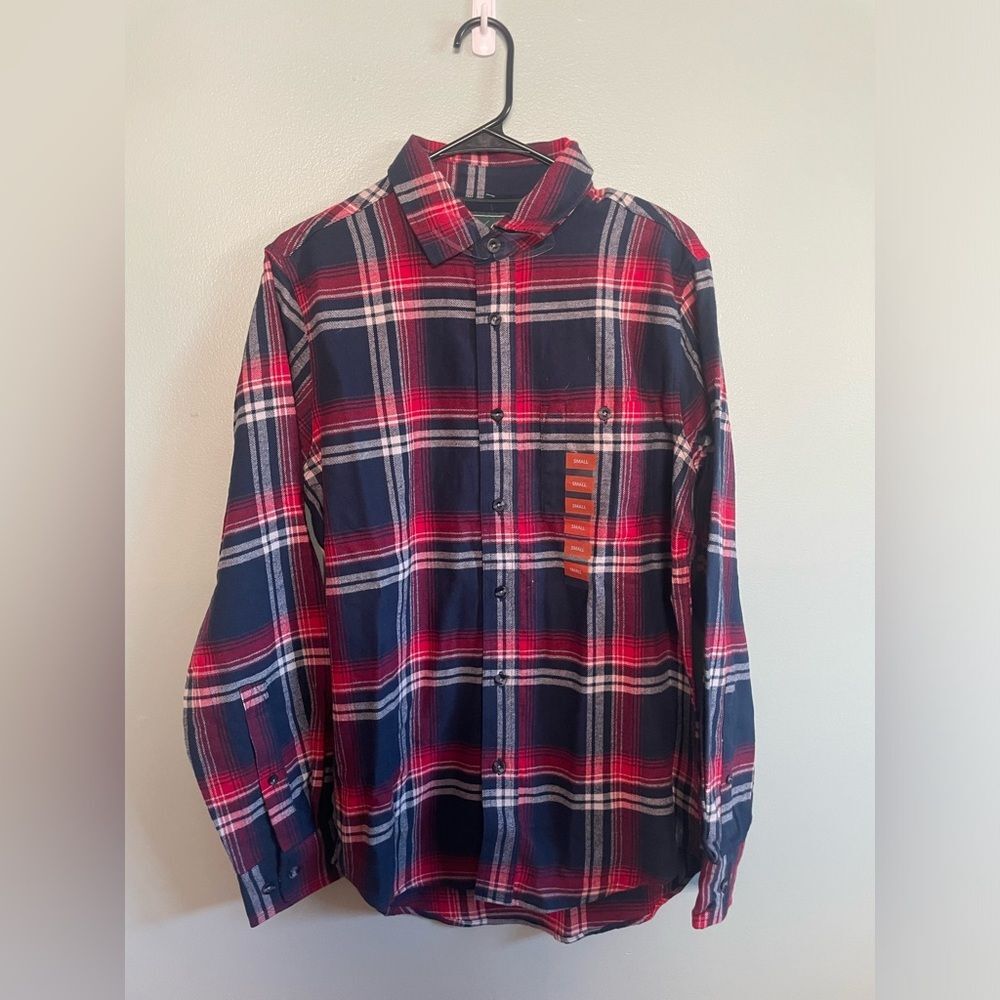 NWT Mens Woolrich Red and Blue Button Down Flannel SZ S